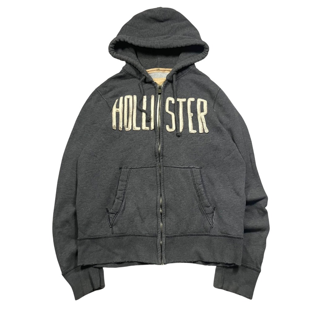 Y2K HOLLISTER Mens Gray Full Zip Hoodie Sweatshirt XL California Graphic Logo
